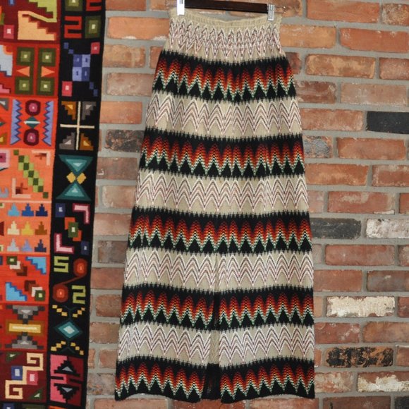 Vtg 70s Neutral Black Zig-Zag Woven Boho Hippie Maxi Pillar Skirt Ruched S-M - Picture 5 of 6